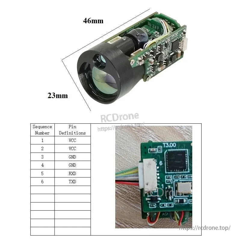 JRT Lidar Distance Sensor, JRT Lidar sensor, 46mm x 23mm, T3.00 board with VCC, GND, RXD, TXD pins defined.
