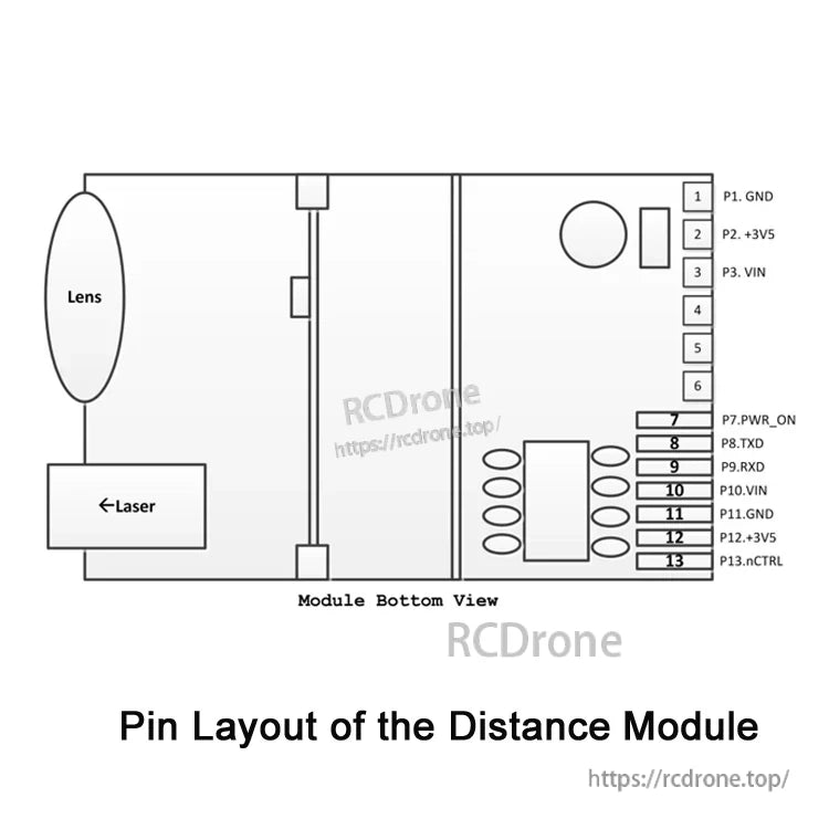 JRT MB2A 60m Modbus RTU Laser Distance Sensor, Distance module pin layout features lens, laser, and 13 labeled pins for power, ground, TXD, RXD, VIN, and control signals.