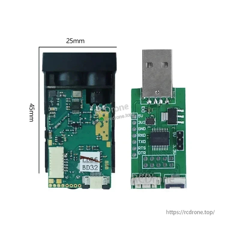 JRT MB2D42U USB/TTL Laser Distance Sensor Module, 20Hz, 0.03–40m, ±2mm, 3.3V, Class 2, 45×25×12mm, 9g