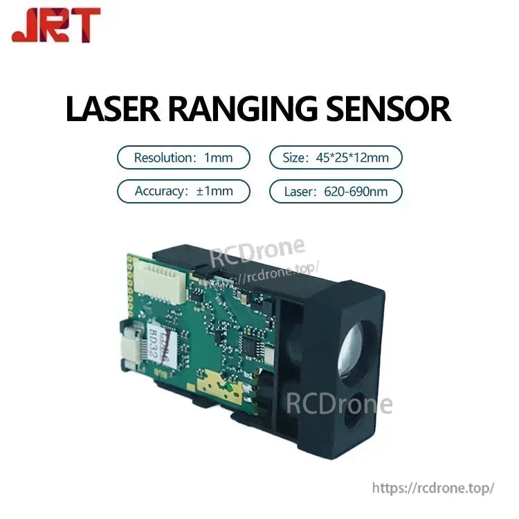 JRT Laser Sensor: 1mm resolution, ±1mm accuracy, 50/60m range, 10Hz, Class 2 laser (620–690nm), compact 45×25×12mm design.