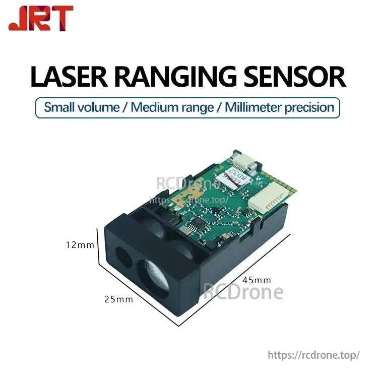 JRT Laser Ranging Sensor: compact, 50-60m range, 10Hz, Class 2, 620–690nm, ±1–3mm accuracy.