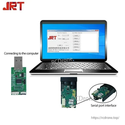 JRT MB2D61 laser sensor: 50-60m range, 10Hz, ±1-3mm accuracy, Class 2, 620-690nm, USB/serial interface, software-controlled.