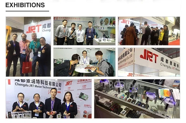 JRT MB2D61 Laser Distance Sensor, JRT displays laser distance sensors and measurement tools at trade shows, highlighting products and team interaction in professional environments.