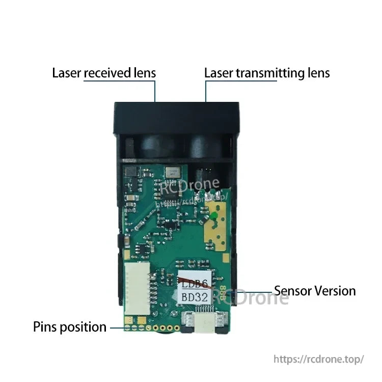 JRT MB2D61 Laser Distance Sensor, Laser distance sensor featuring transmitting/receiving lenses, labeled pins, and BD32 version marking for identification and connectivity.