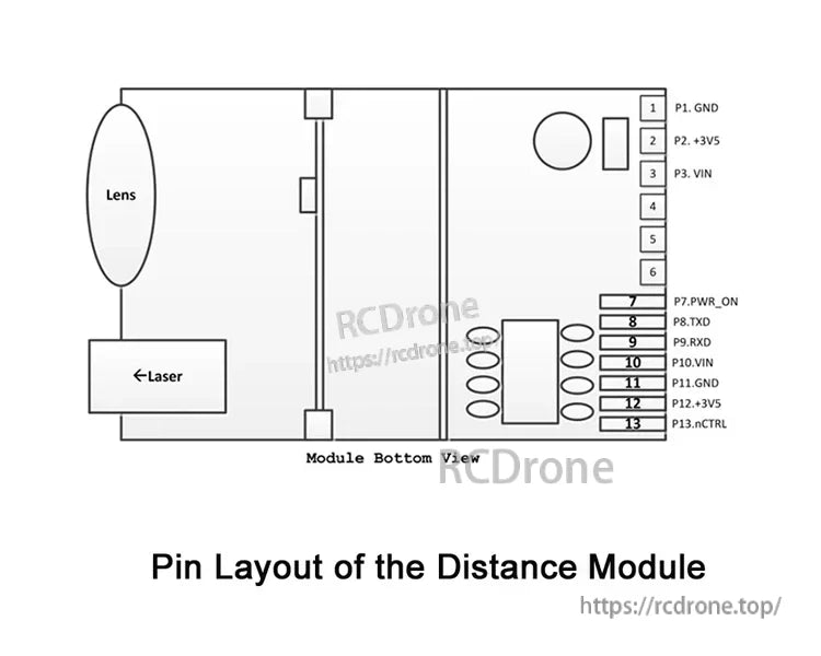 The JRT MB2D61 laser distance sensor module has a 13-pin layout including power, UART, control signals, lens, and laser for precise distance measurement.