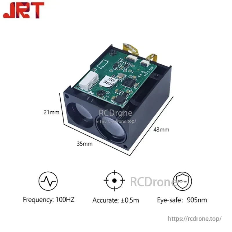 JRT PTFS-100 TOF Lidar: 100Hz, 3–100m range, ±0.5m accuracy, 905nm, Class 1 eye-safe, UART interface, compact 21x35x43mm size.