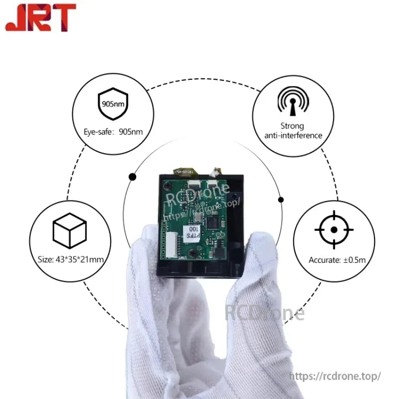 JRT PTFS-100: 100Hz TOF Lidar, 3–100m range, 905nm eye-safe, ±0.5m accuracy, UART interface, compact 43×35×21mm, strong anti-interference.