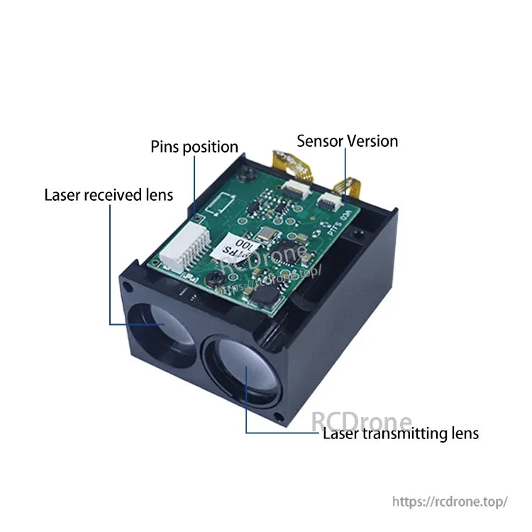JRT PTFS-100 Lidar Rangefinder, Lidar rangefinder featuring laser transmit/receive lenses, sensor version, and labeled pin positions for identification and use.