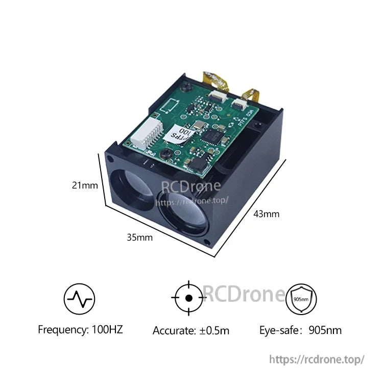 JRT PTFS-100 Lidar Rangefinder: 100Hz, ±0.5m accuracy, 905nm eye-safe, compact 43x35x21mm design.