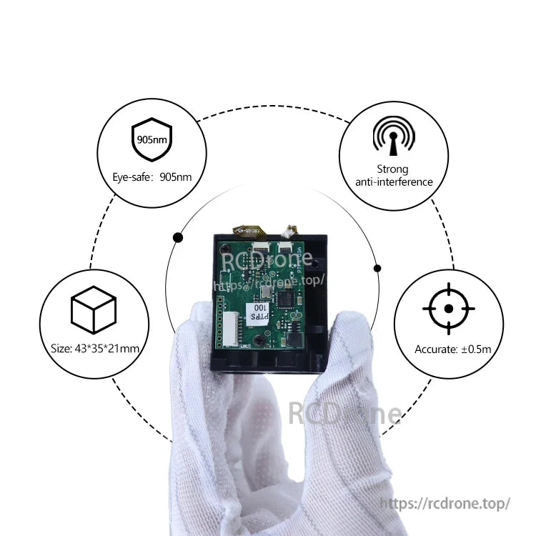 JRT PTFS-100 Lidar Rangefinder, Eye-safe 905nm laser with strong anti-interference, ±0.5m accuracy, compact 43×35×21mm design.