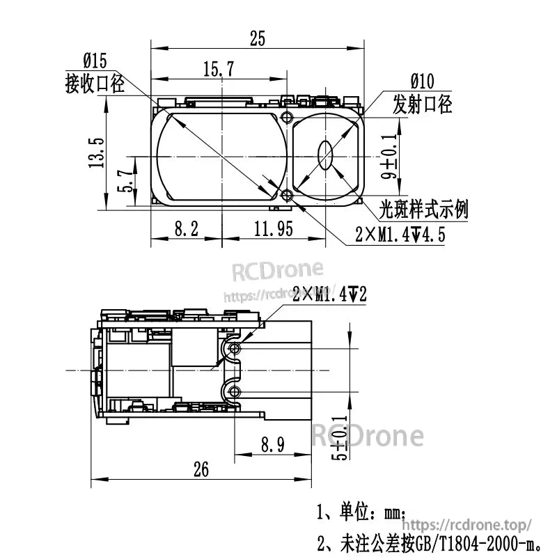 JRT PTYS-15X Laser Rangefinder, Technical drawing of a laser rangefinder with dimensions, tolerances, mounting holes, and optical specs per GB/T1804-2000 in millimeters.