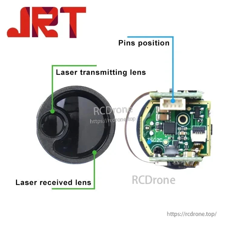 JRT TC22 905nm laser rangefinder measures 3-700m, features UART TTL interface, and includes labeled transmit/receive lenses.