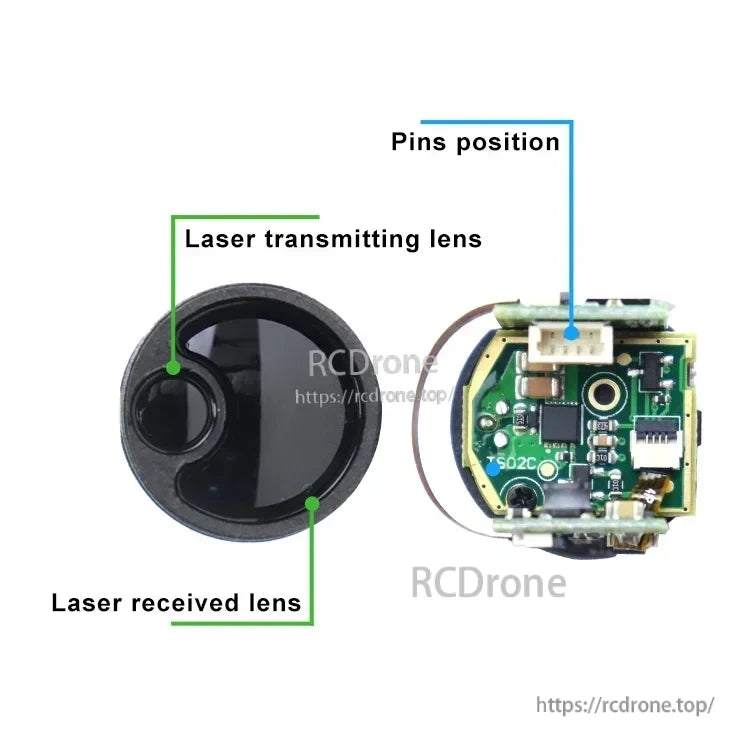 JRT TC22 Laser Rangefinder, Laser rangefinder with transmitting and receiving lenses, pin position labeled.