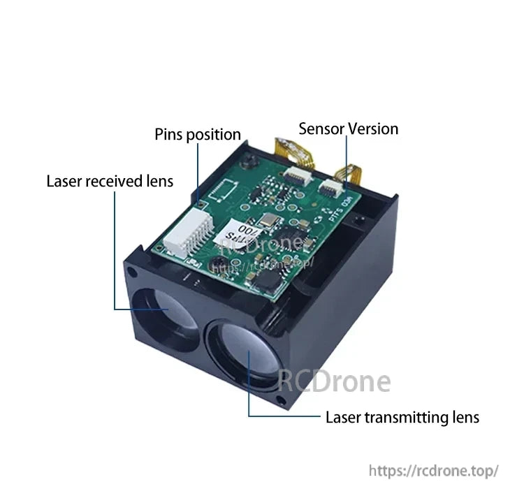 JRT TOF Laser Lidar features labeled laser transmit/receive lenses, pin positions, and sensor version for clear identification and functionality.
