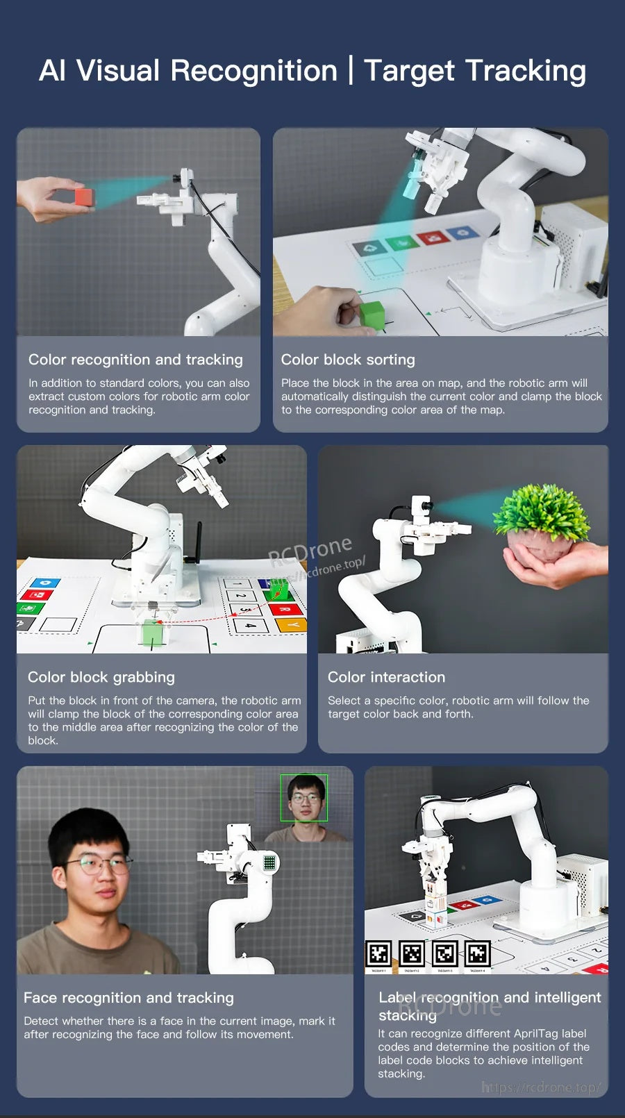 AI visual recognition and target tracking examples: color sorting, grabbing, interaction, tag stacking, tracking