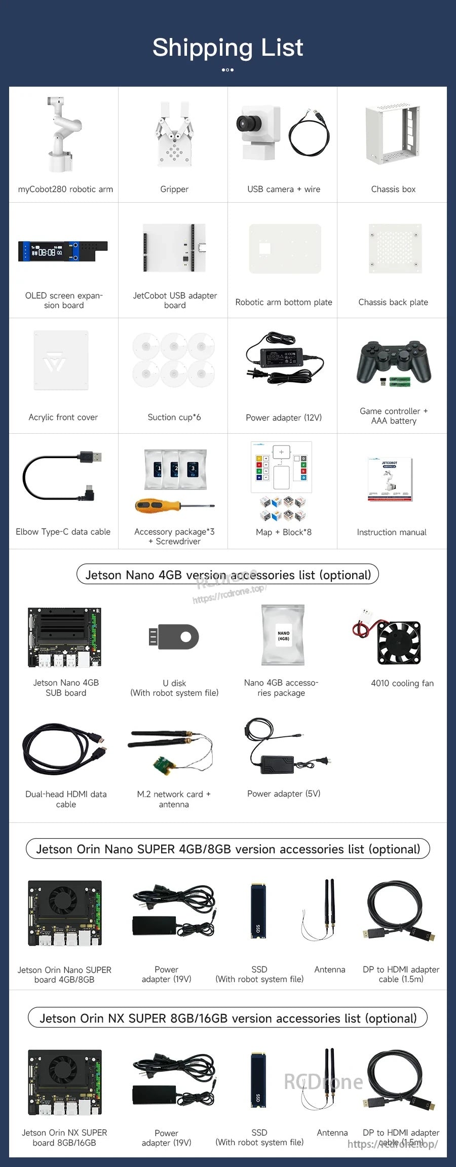Yahboom JetCobot shipping list with gripper, USB camera, chassis parts, power adapter, cables, and Jetson accessory options
