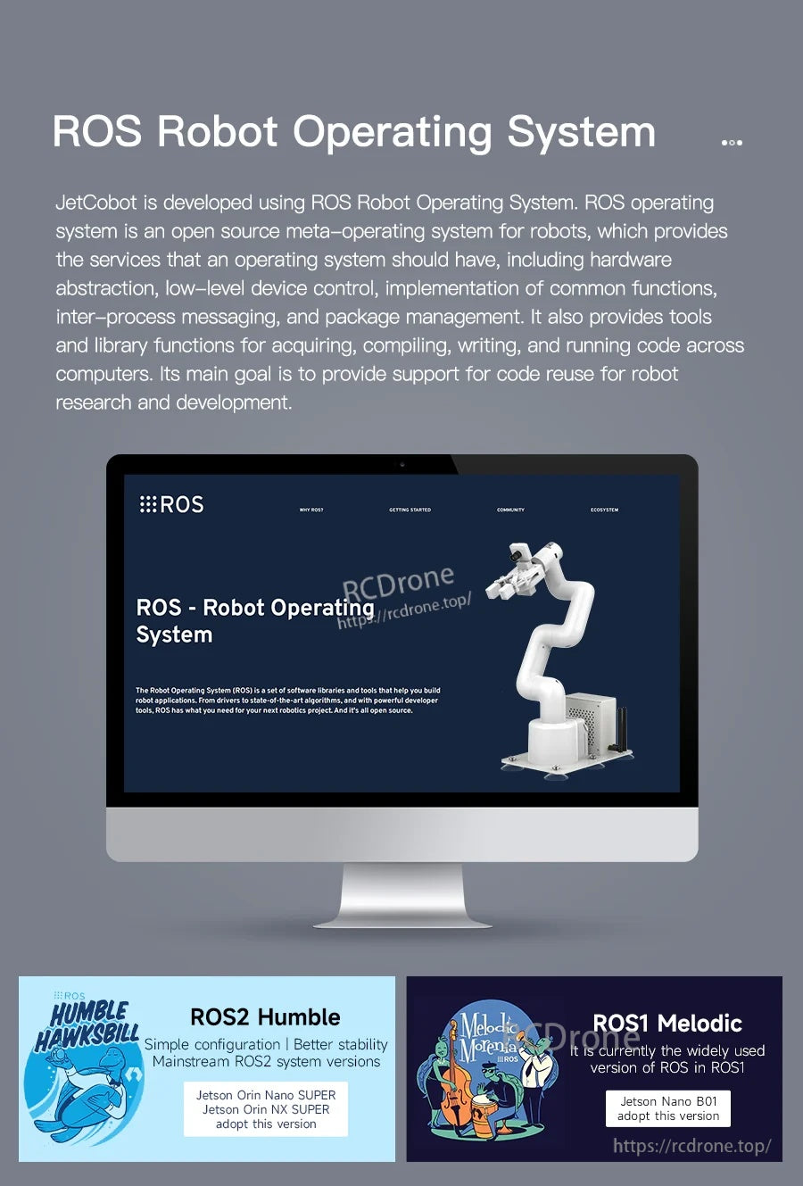 Graphic describing ROS Robot Operating System support for Yahboom JetCobot, listing ROS2 Humble and ROS1 Melodic.