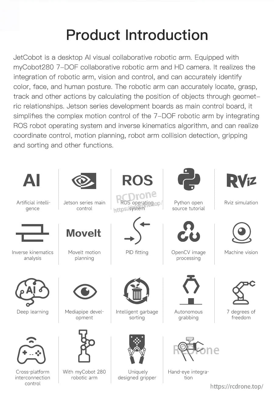JetCobot product introduction poster with icons for ROS, MoveIt, RViz, OpenCV, deep learning, and MediaPipe