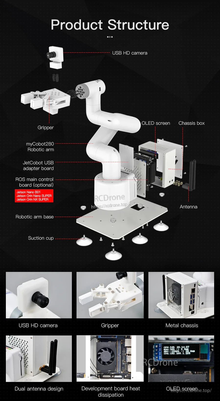 Yahboom JetCobot robotic arm kit with gripper, USB HD camera, OLED screen, suction-cup base and metal chassis