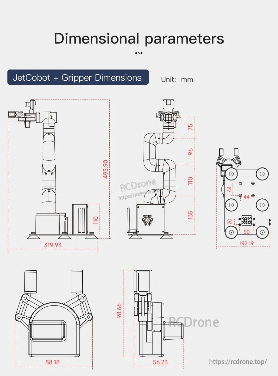JetCobot robotic arm with gripper dimension drawing showing overall height and base footprint measurements in mm