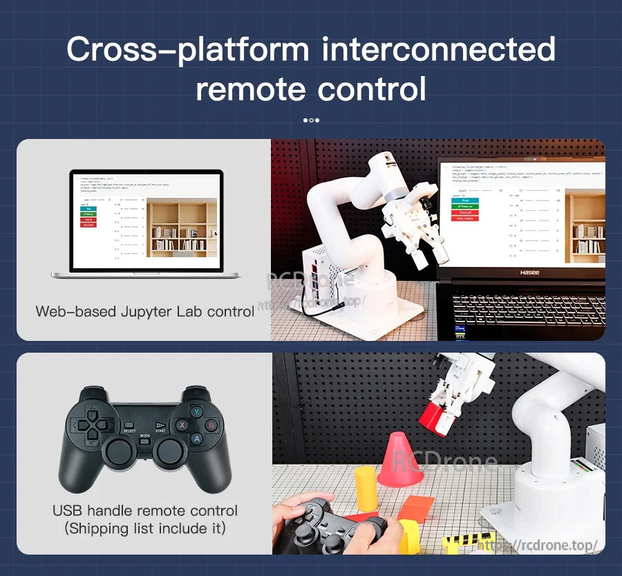 Cross-platform remote control options: web-based JupyterLab control and USB gamepad teleoperation