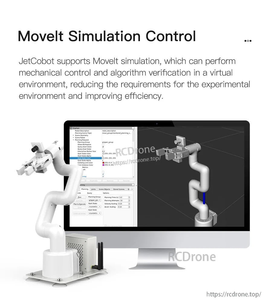 JetCobot robotic arm beside a monitor showing MoveIt simulation control interface for a 7-DOF collaborative arm
