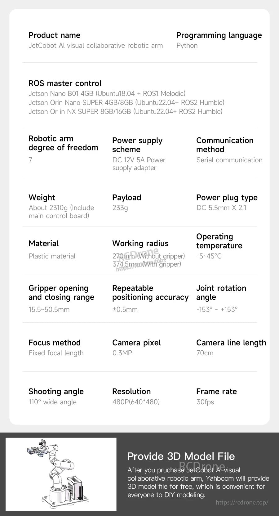 JetCobot 7-DOF visual collaborative robotic arm specs table with Python support, ROS options, and camera details