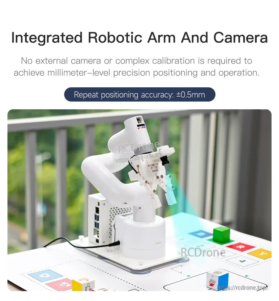 Integrated robotic arm and camera setup scanning color blocks; text notes ±0.5 mm repeat positioning accuracy