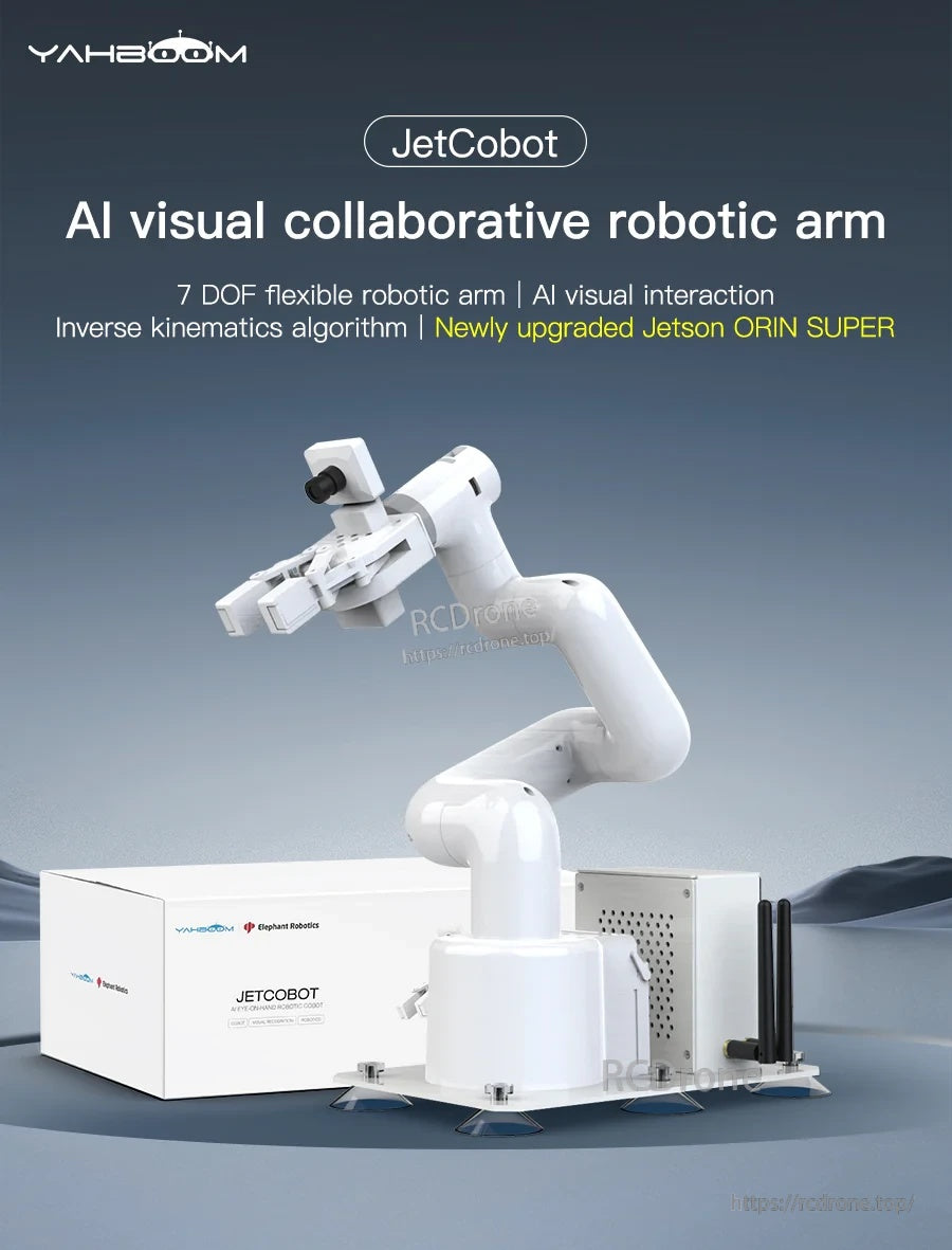 Yahboom JetCobot 7-DOF AI visual collaborative robotic arm kit with base, arm, and packaging