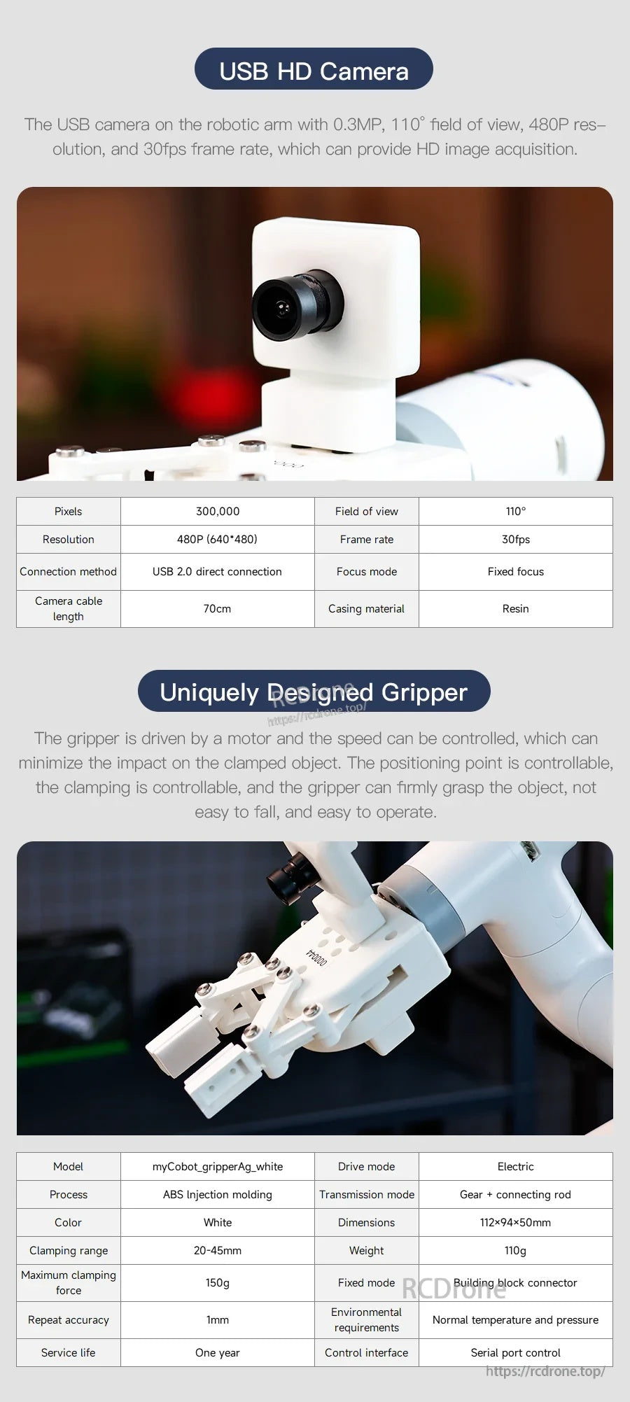 Yahboom JetCobot robotic arm with USB HD camera module and motorized gripper mounted on the end effector