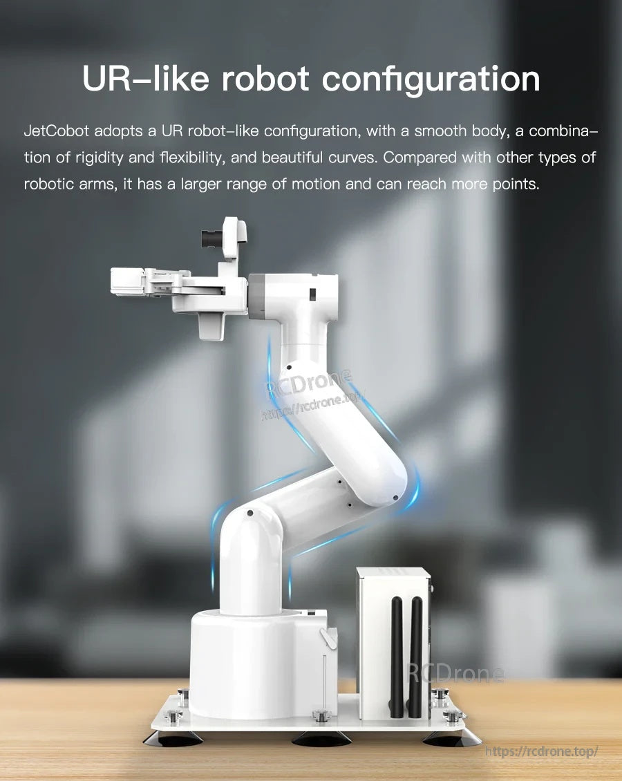 JetCobot UR-like robot configuration photo highlighting smooth arm design and hidden wiring concept
