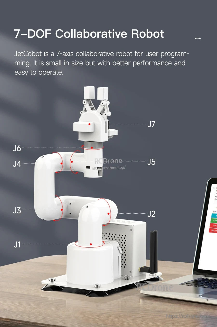 7-DOF collaborative robot joint map labeled J1–J7 on JetCobot arm beside a laptop and Jetson carrier base