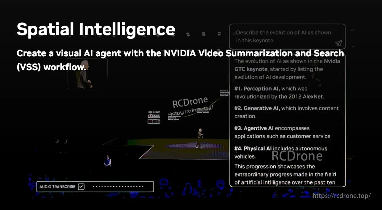 Jetson AGX Thor Developer Kit, AI agent uses NVIDIA tech for video analysis, tracing 10 years of AI evolution from perception to physical AI, with audio transcription and search capabilities.