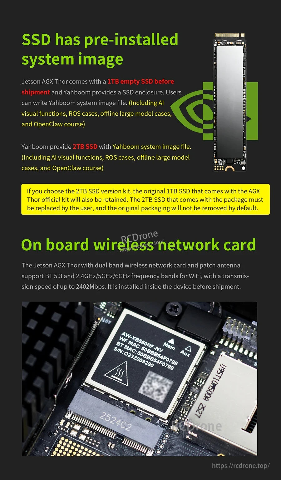 NVIDIA Jetson AGX Thor developer kit with 1TB NVMe system image note and onboard Wi‑Fi 6E card detail