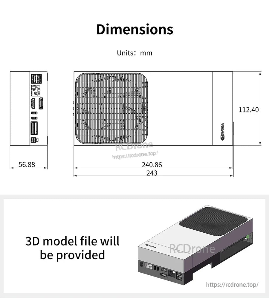 Jetson AGX Thor dimensions drawing in millimeters with 3D model availability note beneath the chassis rendering
