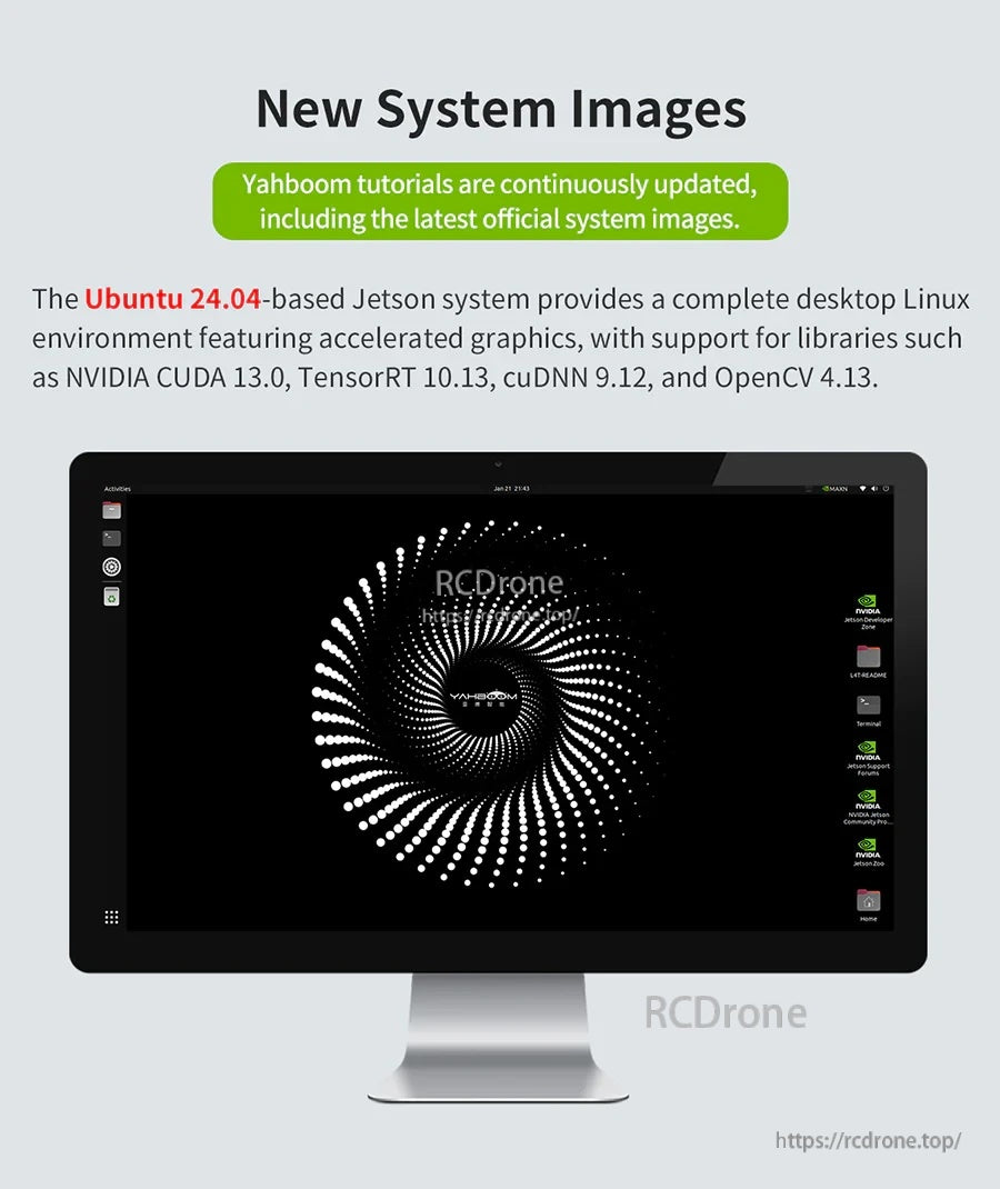 System image screen noting Ubuntu 24.04-based Jetson system with CUDA, TensorRT, cuDNN, and OpenCV versions listed