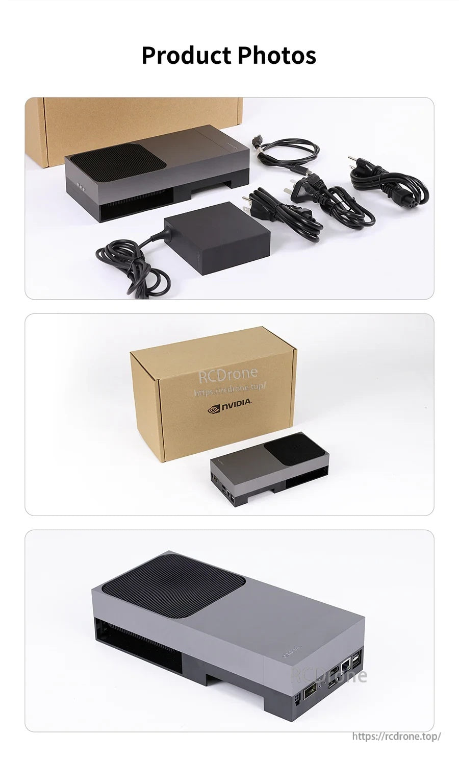 Jetson AGX Thor developer kit product photos with included power adapter and cables, plus retail box packaging