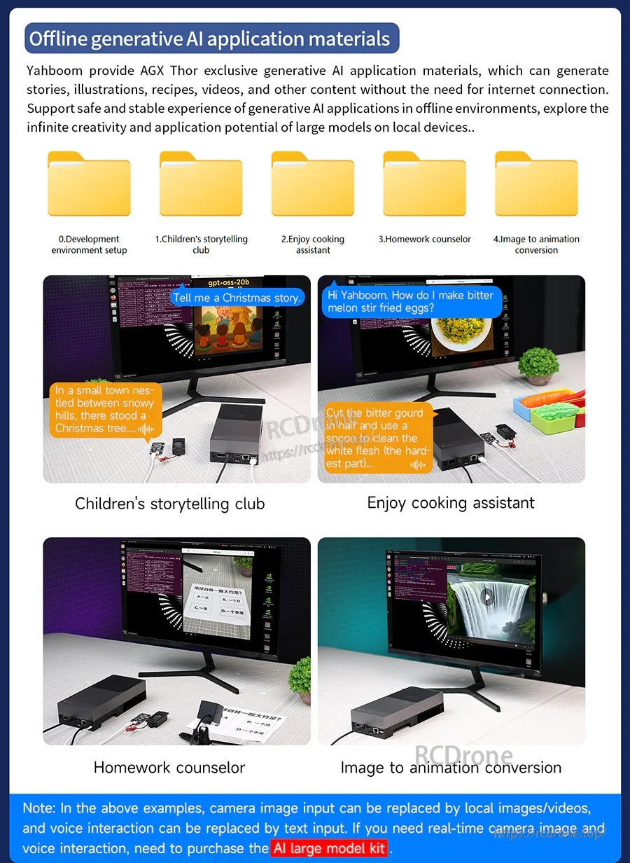 Offline generative AI application materials with example projects like storytelling, cooking assistant, homework, and animation