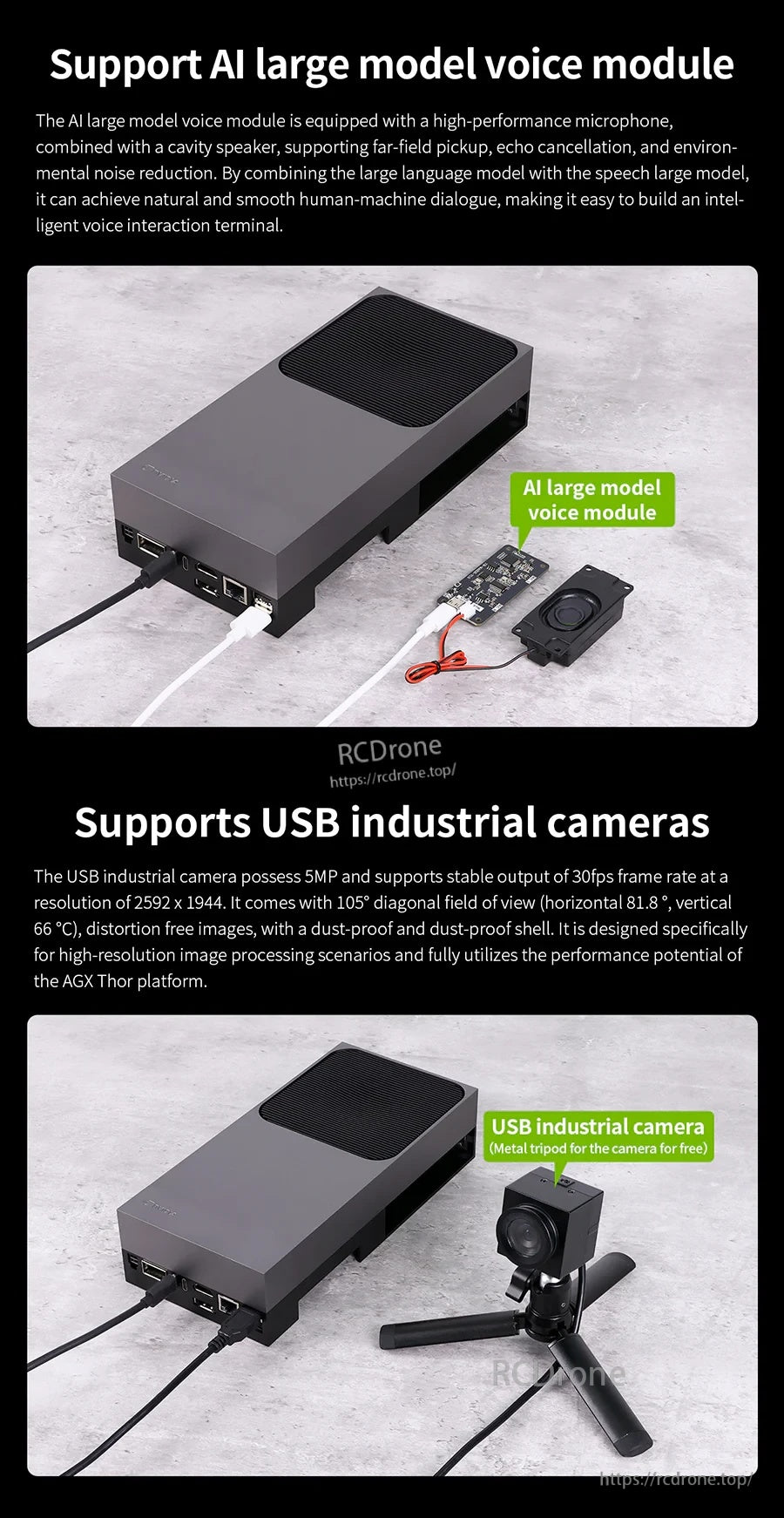 Jetson AGX Thor kit connected to AI voice module and USB industrial camera, highlighting supported accessories