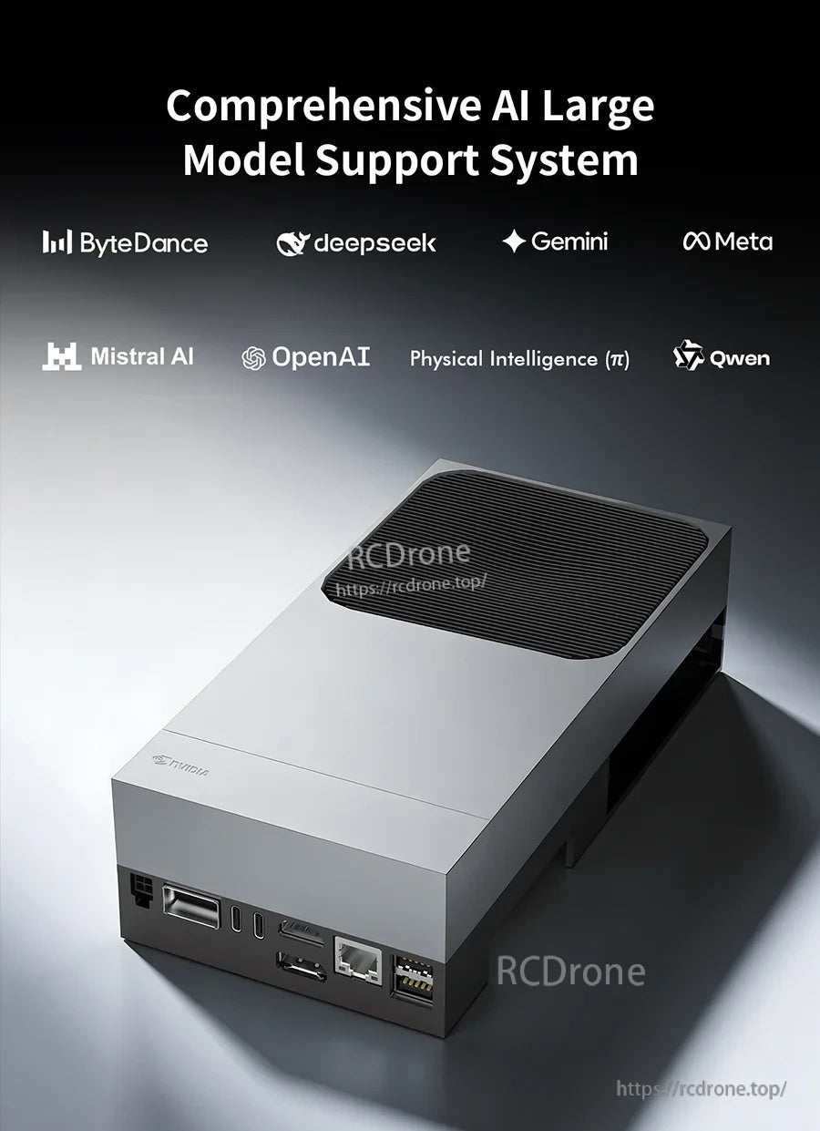 Jetson AGX Thor developer kit angled view with rear I/O ports visible and AI model ecosystem logos above