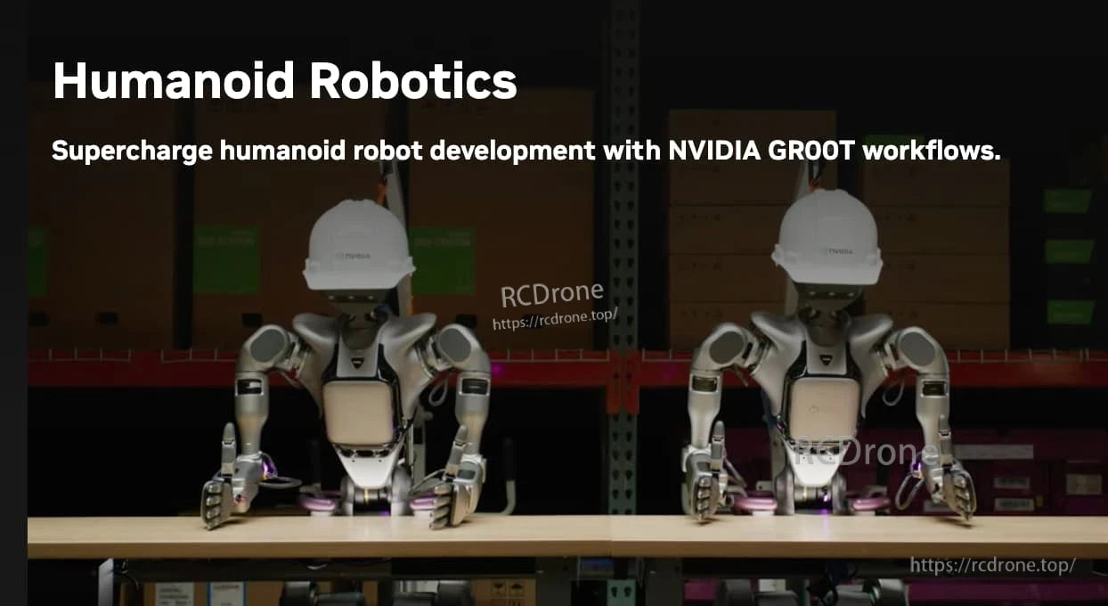 Jetson AGX Thor Developer Kit, NVIDIA GROOT accelerates humanoid robot development using advanced workflows, demonstrated by two robots in a lab environment.