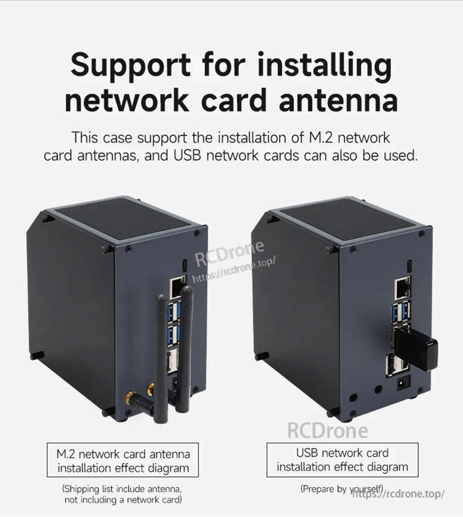 Rear antenna mounting option and USB network adapter use on the case, with reserved antenna hole near I/O ports