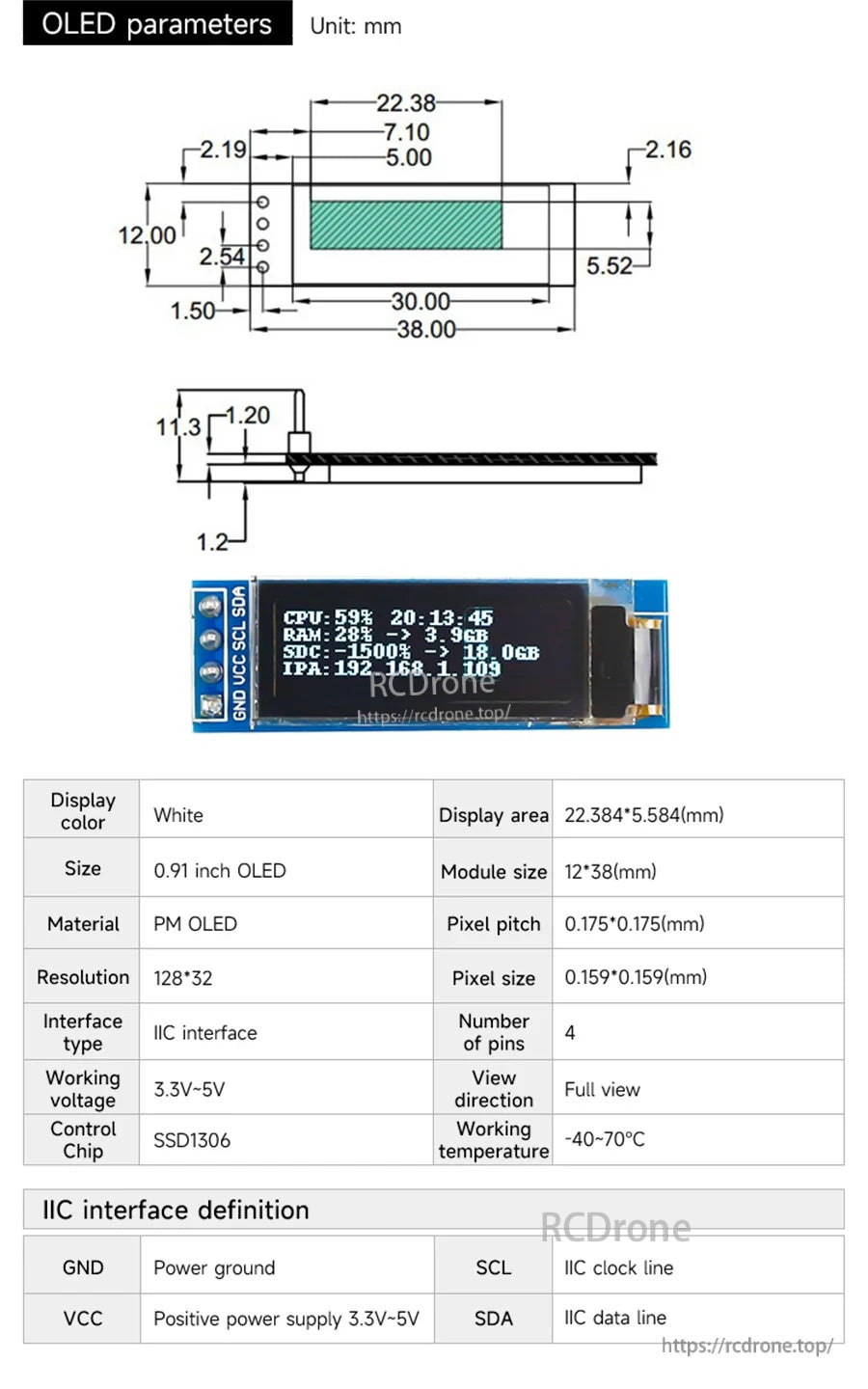 OLED module parameters diagram with dimensions, interface pins, and display specs for the integrated screen
