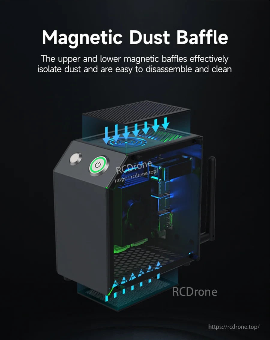 Magnetic dust baffles on top and bottom of the Jetson case, designed for quick removal and cleaning