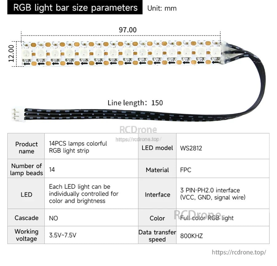 RGB light bar size parameters sheet for WS2812 LED strip with connector type and voltage range listed