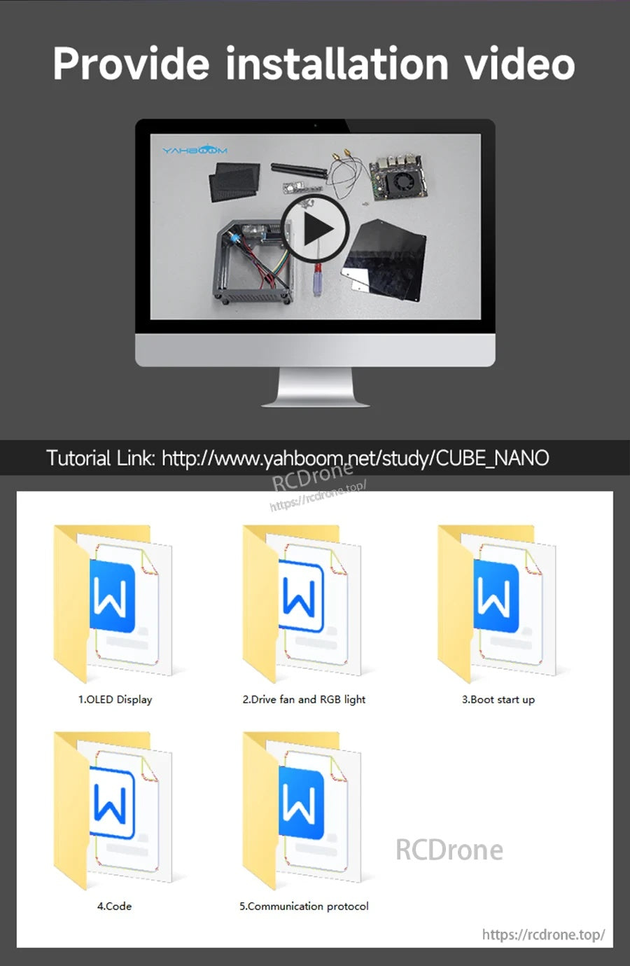 Installation video and downloadable resources panel for the CUBE_NANO case, including OLED and RGB related files