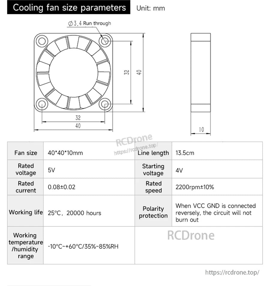 Cooling fan size parameters diagram showing 40×40×10 mm fan dimensions, voltage, and speed specifications