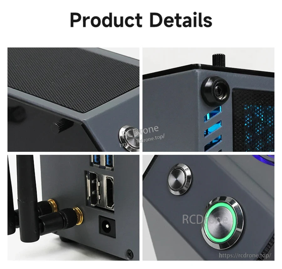 Close-up details of the case: top mesh vent, rear USB ports, antenna connector area, and illuminated power button