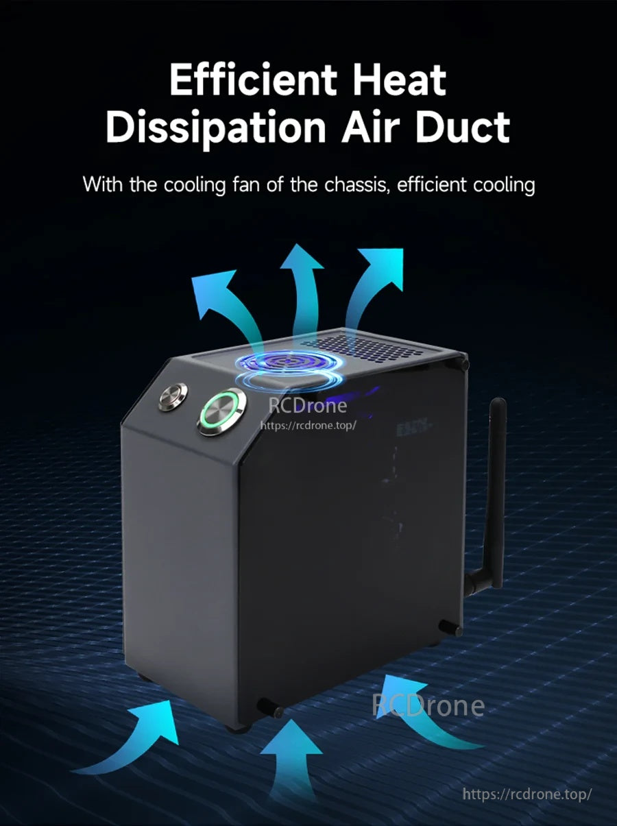 Dual-pass airflow design on the case with top exhaust and bottom intake arrows for efficient cooling