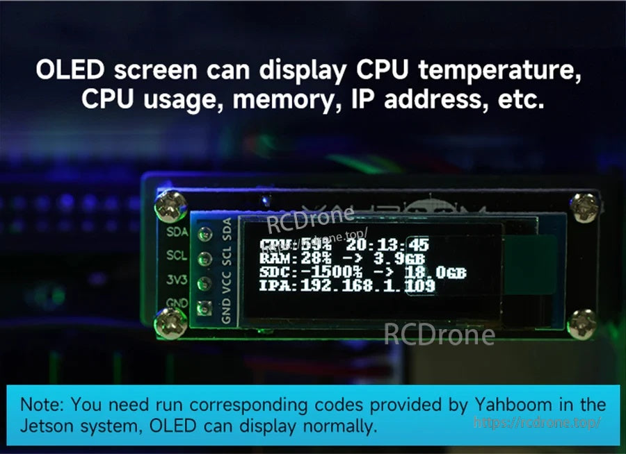 OLED module display showing CPU temperature, usage, memory, and IP address readouts on the case